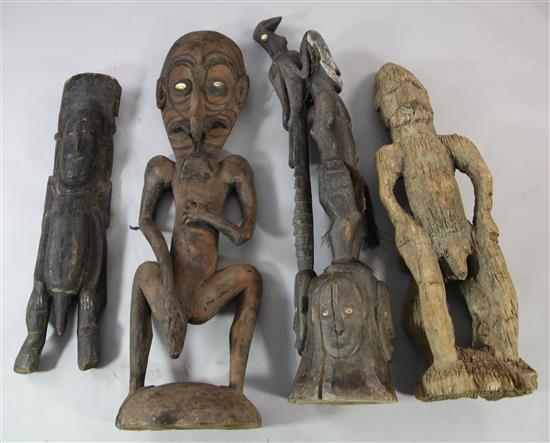 A Sepik River carved wooden male ancestor figure, 2 further figures & an orators stool